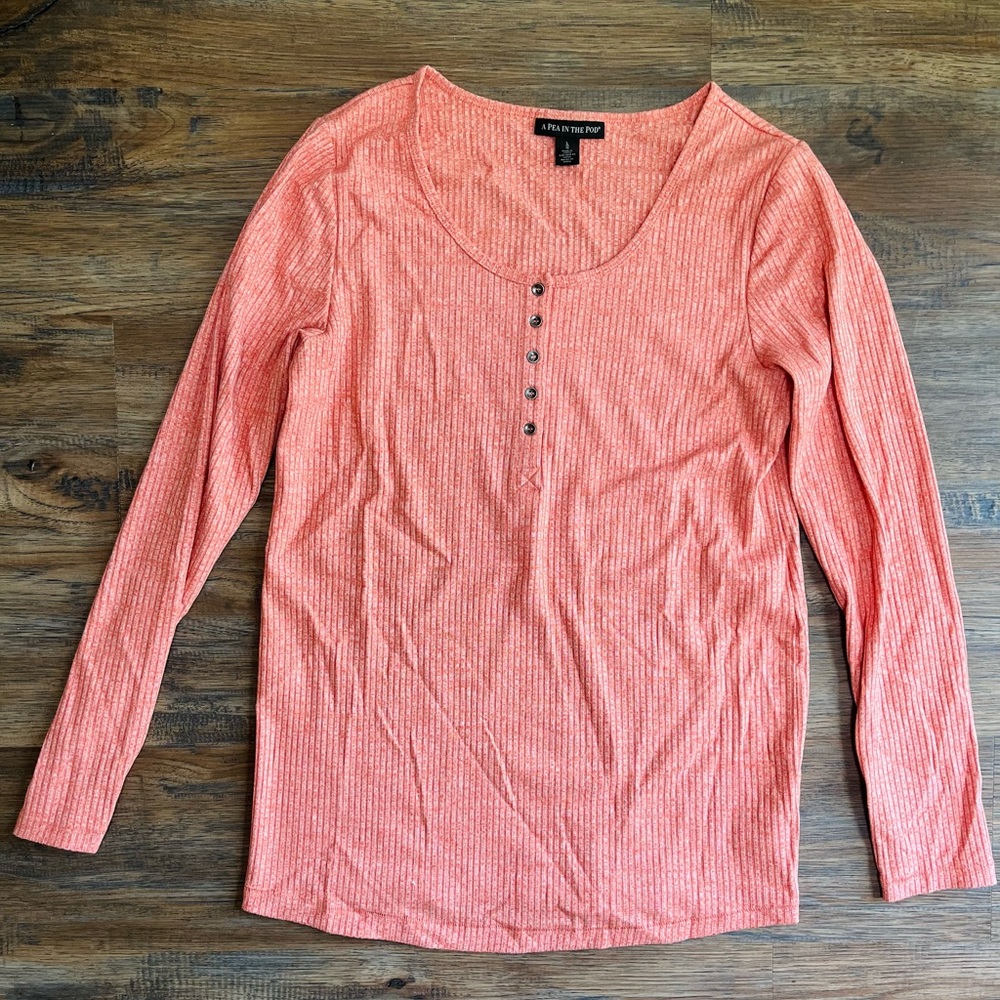 A Pea in the Pod Maternity Coral Ribbed Knit Button-Front Top Large